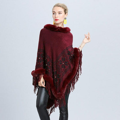 Poncho avec Fourrure - Rouge