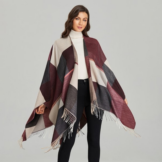 Poncho Femme Carreaux Bordeaux - Bordeaux