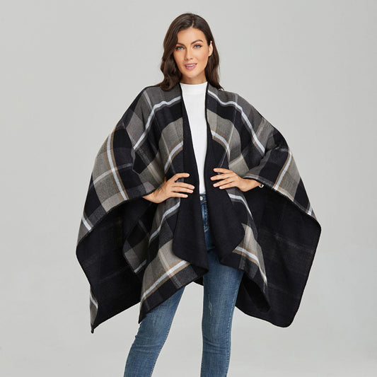 Poncho Carreaux Femme Noir & Gris - Noir & Gris