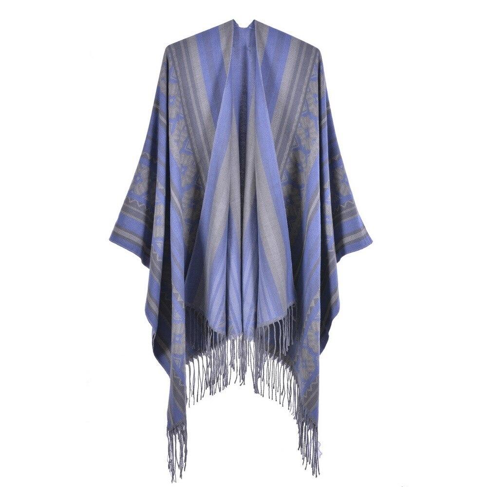 Poncho Femme Fleurs & Franges - bleu clair