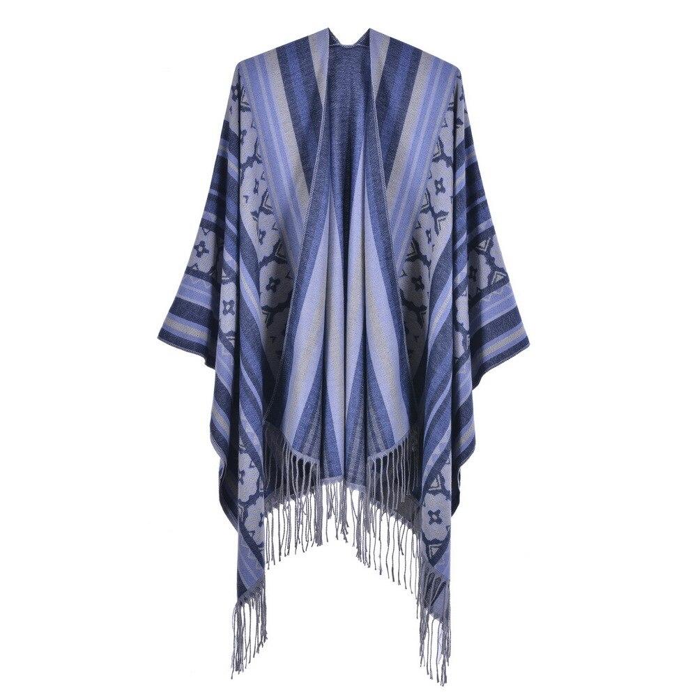 Poncho Femme Fleurs & Franges - bleu foncé