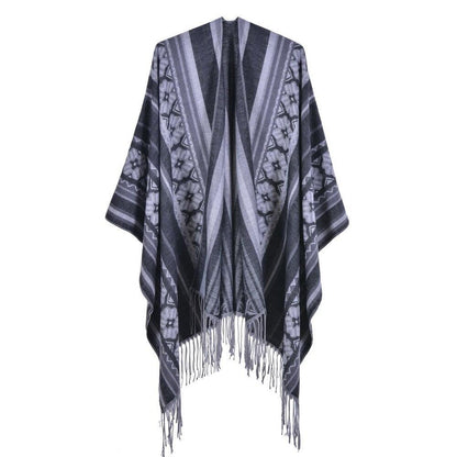 Poncho Femme Fleurs & Franges - noir