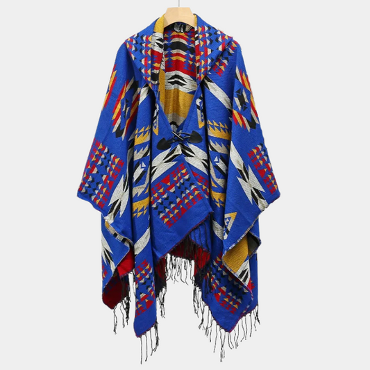 Poncho Ethnique Homme - bleu avec bouton