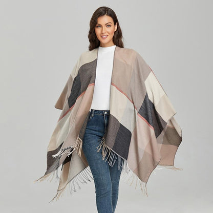 Poncho Femme Carreaux Beige - Beige