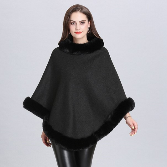 Poncho Femme Col Fourrure - Noir