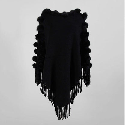 Poncho Femme Pompon - noir