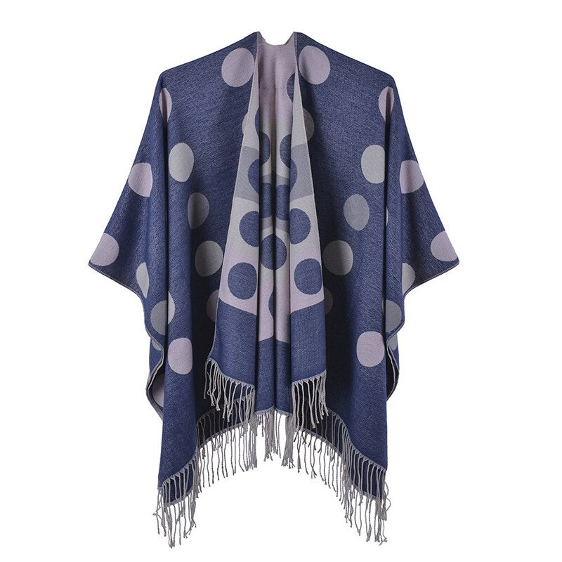 Poncho Femme Pois & Franges - Bleu marine / Unique