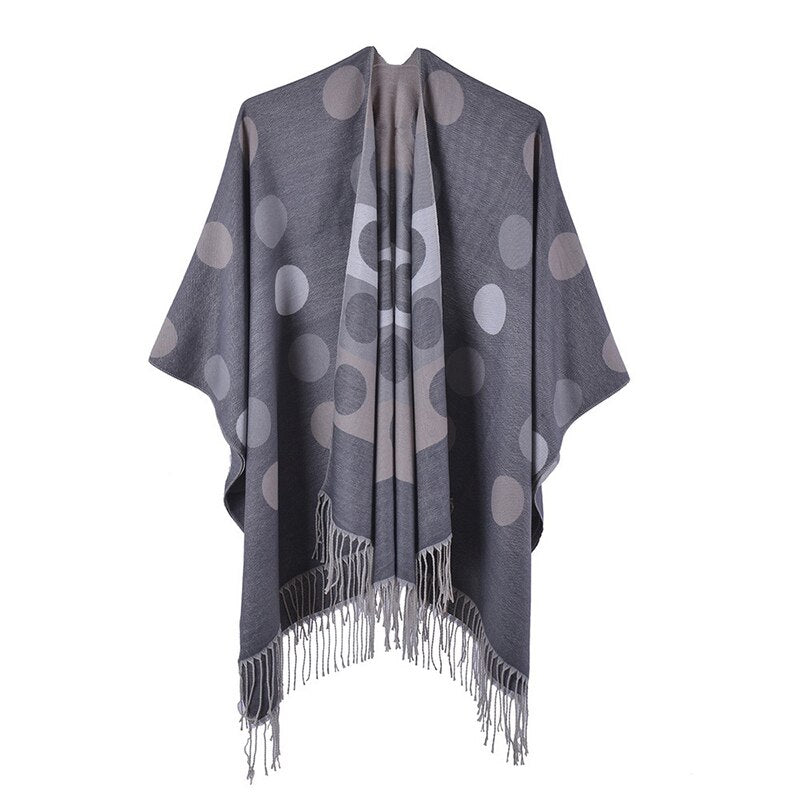 Poncho Femme Pois & Franges - Gris / Unique