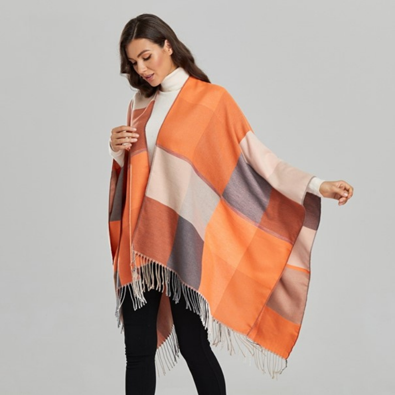 Poncho Femme Carreaux Orange - Orange